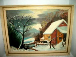 Vintage Naive Folk Art Oil Painting Mill House Winter Period Frame 1960s Signed