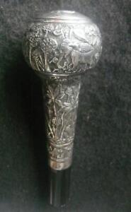 Lovely Figural Elephant Lion Anglo Indian Burmese Silver Cane Or Parasol Handle