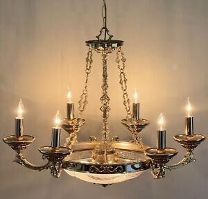 Vintage French Regency Brass Chandelier Frosted Bowl Ornate 9 Lights 2 Available
