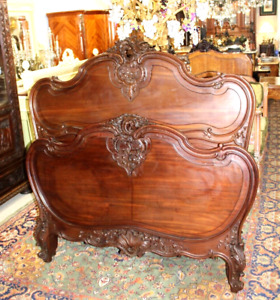 Exquisite French Antique Carved Louis Xv Mahogany Queen Size Bed W Rails