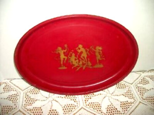 1920s Art Deco Tin Metal Tray Red Oval Gold Dancing Nymphs Silhouette Rare