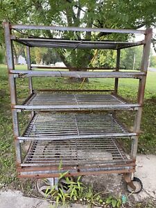 Antique Heavy Metal Warehouse Industrial Utility Cart Rack With Shelves 