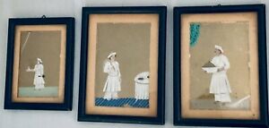 3 Rare Antique Miniature Indian Paintings On Mica Of Servants Mughal