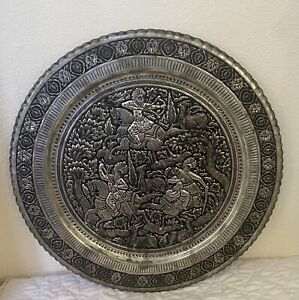 Vintage Persian Hand Crafted Engraved Repouse Copper Wall Plate Hunting 15 5 