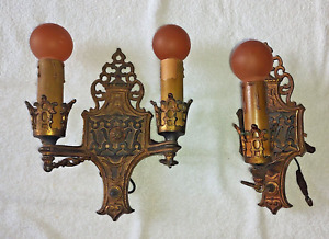 Rare Antique Gothic Victorian Brass Wall Sconces Original Bulbs