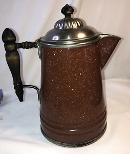 Antique Manning Bowman Co Coffee Pot Metal Porcelain Coated Patented In 1889