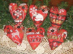 Country Christmas Decor 6 Red Hearts Reindeer Fabric Handmade Tree Ornaments