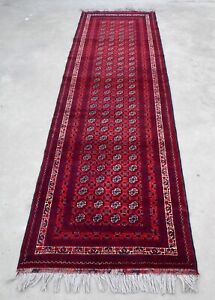 Genuine Red Handmade Long Runner Rug Turkmen Bokhara Organic Hand Knotted Woolen