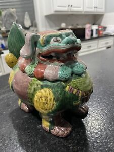 Vtg Chinese Ceramic Green Temple Lion Fu Foo Dog Jar Figurine W Detachable Head