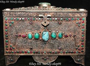 8 Tibet Buddhism Silver Filigree Inlay Turquoise Jewel Case Jewelry Box Casket
