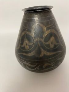 Antique Persian Iron Vase Silver Inlay Rare 