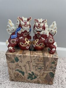 Vintage Set Of 2 Japanese Ceramic Shishi Lion Katani Foo Dog Temple Figurines