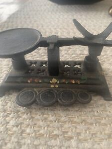 Antique Vintage Cast Iron Miniature Weight Scale With Flowers