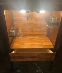 Mid Centry Modern Mcm Bar Cabinet Brown Solid Wood Lighted With Drawer And Lock