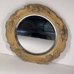Early 20th C Rose Floral Bronze Round Beveled Mirror Wall Hanging 10 Dia