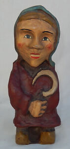 Vintage Folk Art Wood Carving Of An Old Lady With A Sickle