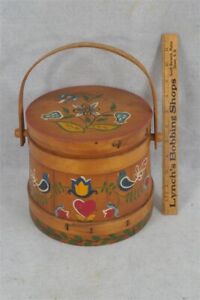 Antique Firkin Wood Bucket W Lid Paint Decorated 8 X 8 In Natural