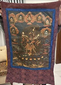 Antique Chinese Old Tibetan Thangka Of Painting With Dragon Brocade 55 X 92 Cm