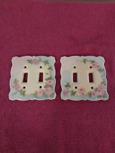 2 Vintage Hand Painted Double Porcelain Light Switch Covers