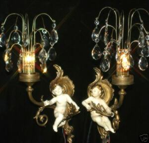 2 Antique French Shabby Cherub Spelter Crystal Sconce Fountain Vintage Waterfall