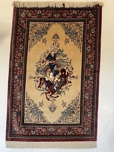 Authentic Master Weave Pure Silk Rug Hunting Design Collectible With Signature