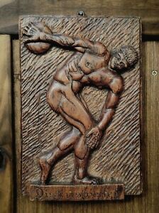 Antique German Carved Oak Classical Grecian Greek Discobolus Wood Wall Plaque