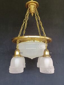 Antique American Arts And Crafts 1920s Brass Glass Chandelier