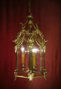 Antique Charme Gold Bronze Brass Lantern Lamp Chandelier Lead Glass 12 