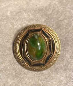 Large Gay 90s Openwork Metal Antique Button W Green Oval Glass Center