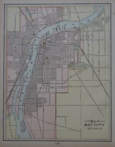 Original 1900 Map Bay City Michigan Railroads Cemeteries Schools Bridges Parks