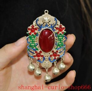 China Ancient Tibetan Silver Cloisonne Gem Beast Grain Wealth Clock Bell Pendant