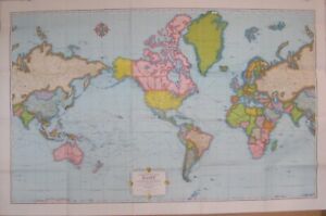 Huge Colorful 1958 Wall Map The World On Mercator Projection By Rand Mcnally