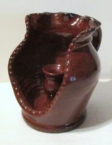 Rare Ned Foltz Pennsylvania Redware Pottery Glazed Shield Back Candleholder 