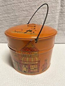 Vintage Metal Tin Lunch Pail Round Townscape