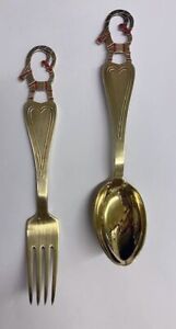 A Michelsen Sterling Silver Gold Wash Enamel Ram Christmas Spoon Fork 1948