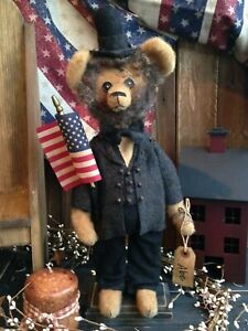 Prim Handmade Vintage Patriotic Folk Art Standing Americana Abe Lincoln Bear