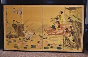 18th Century Signed Japanese Kano School Hand Painted 4 Panel Folding Screen