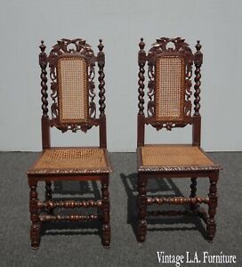 Pair Vintage Spanish Style Ornately Carved Chairs W Cane Barley Twist Asis