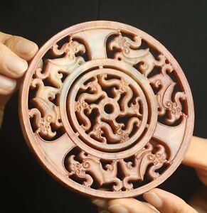 China Old Natural Hetian Jade Hand Carved Statue Dragon Plate Bi 4 2 Inch