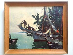 Anthony Thieme Rare Mid Century Framed Lithograph Print Southern Waters Nassau 