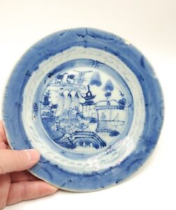 18th 19th C Qing Blue And Celadon Small Plate Landscape Scene 7 1 4 