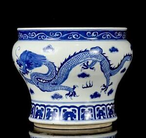 Kangxi Signed Old Chinese Blue White Porcelain Pot Jar W Dragon