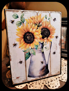 Rustic Country Distressed Print On Canvas Sunflowers Bees Pitcher 8x10