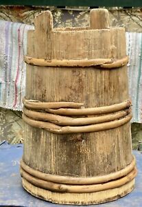 Early Primitive Catskill Mountains Stave Cedar Butter Churn Bent Willow Twigs