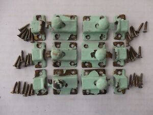 Lot Of 6 Antique Vintage Brass Spring Loaded Cabinet Thumb Latches Painted Green