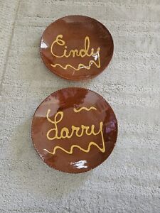 Pair Breininger Pottery Redware Plates Cindy Larry Signed Robesonia Pa Glazed