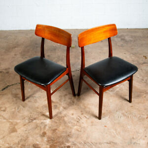 Mid Century Danish Modern Dining Chairs Black Leather Set 2 Pair Teak Elgaard Nm