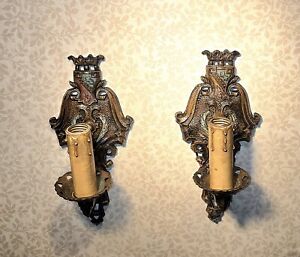 Pair 1920s Gothic Revival Antique Heavy Brass Wall Sconces By Majestic Rewired