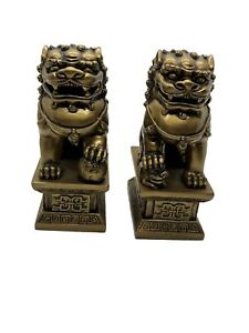 Vtg Pair Of Gold Resin Asian Guardian Foo Dog Lion Figurines Small Bookends