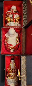 Vintage Chinese Porcelain Gold Plated Buddha S And Guan Yin Figurines With Boxes